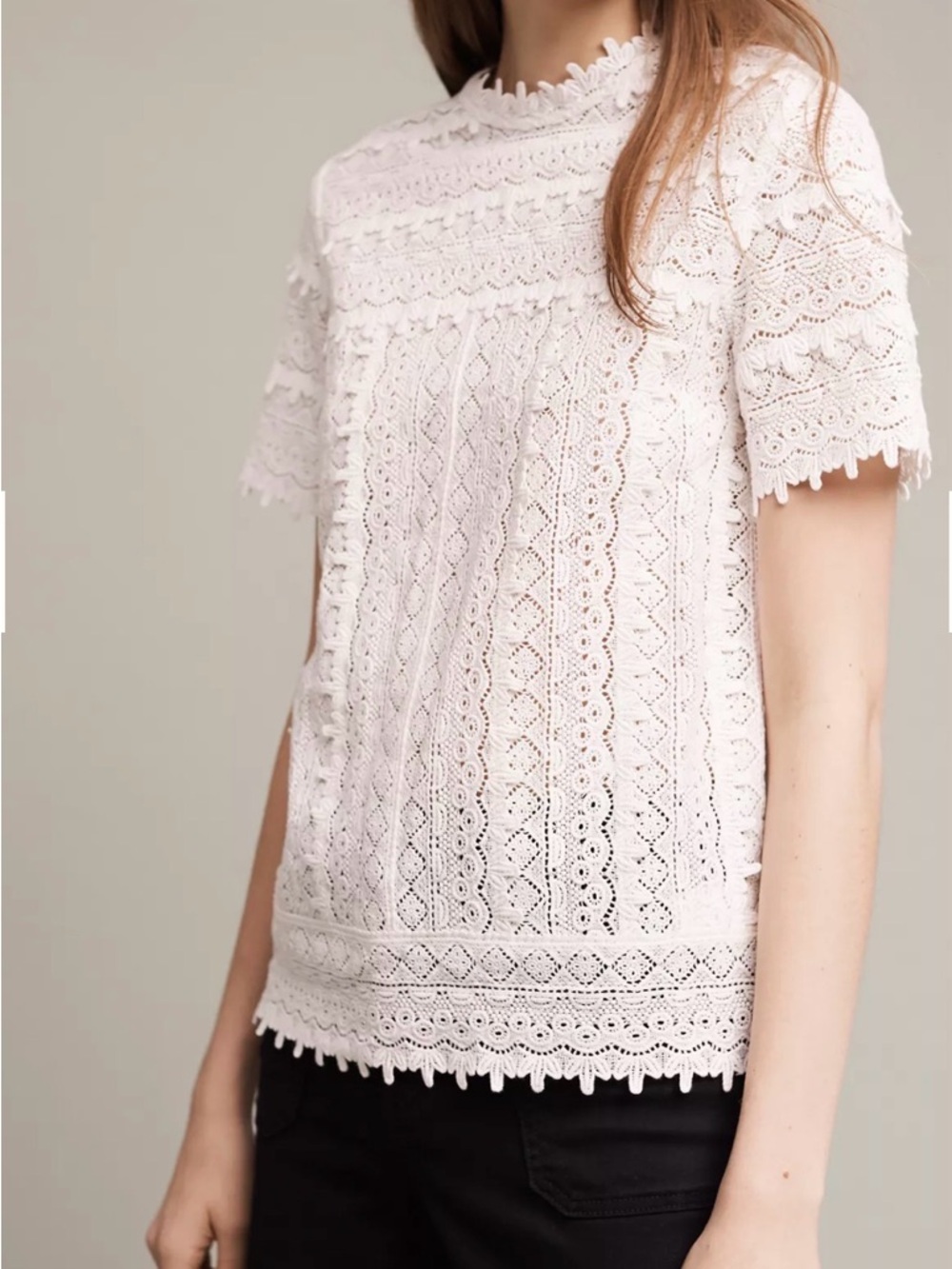 Harlyn Anthropologie Khali Boho M Ivory Lace Top with Scalloped Trim
